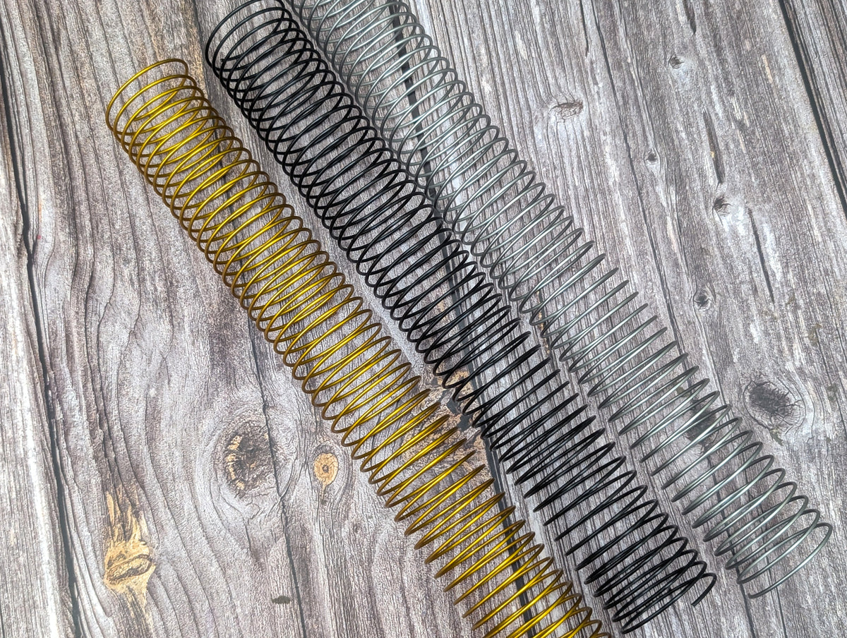 Three coiled springs in different colors - gold, black, and silver - are arranged on a wooden surface.